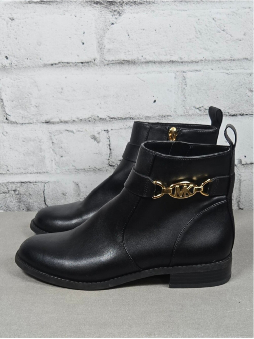 MICHAEL Michael Kors Black Ankle Boots Gold MK Logo Hardware Size 5.5M